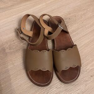 Women’s Scalloped Tan Leather Ankle-Strap Sandals